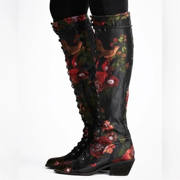 Jeffrey Campbell X Free People Floral Fabric Joe Boots Lace Up Knee High - Picture 4 of 5